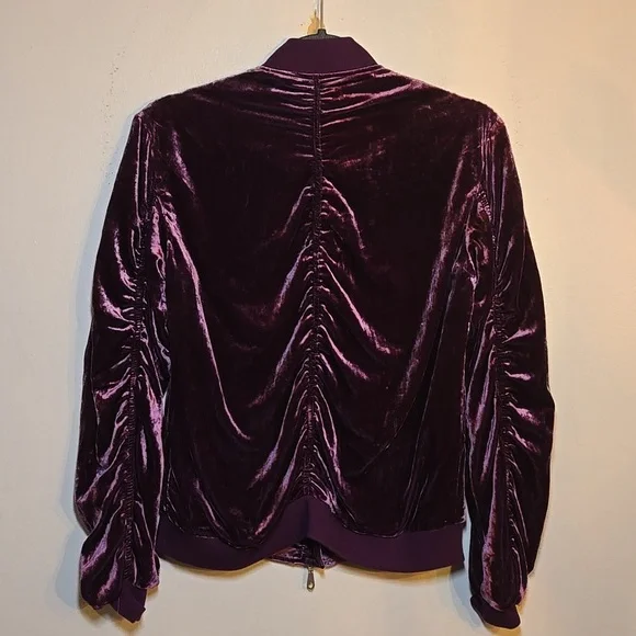 Rebecca Minkoff Kaya Velvet Ruched Sleeved Back Zip Rayon Viscose Bomber Jacket - Picture 9 of 15